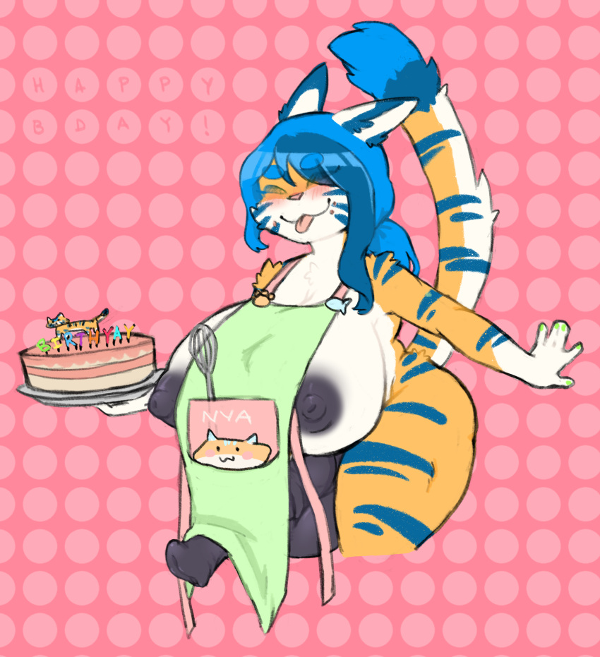 absurd_res animal_genitalia animal_penis anthro apron apron_only balls birthday birthday_cake black_nipples black_penis blue_hair blue_stripes butt cake clothing dessert equine_genitalia equine_penis felid food fur genitals gynomorph hair herm hi_res intersex mammal mostly_nude nipples orange_body orange_fur pantherine penis pomutop solo stripes tiger victoria_(two-ts)