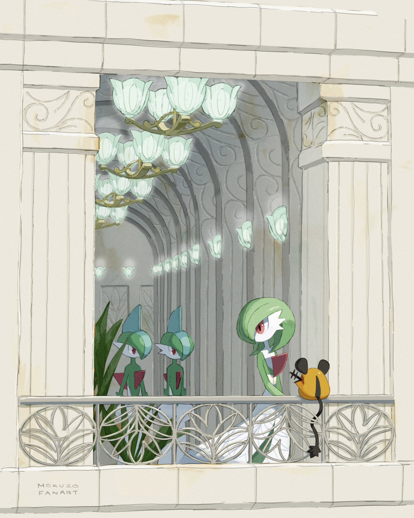 artist_name ceiling_light chandelier colored_skin dedenne fence gallade gardevoir green_hair highres light looking_back mokuzou_(moku_ssbu) pillar pokemon pokemon_(creature) red_eyes signature standing white_skin