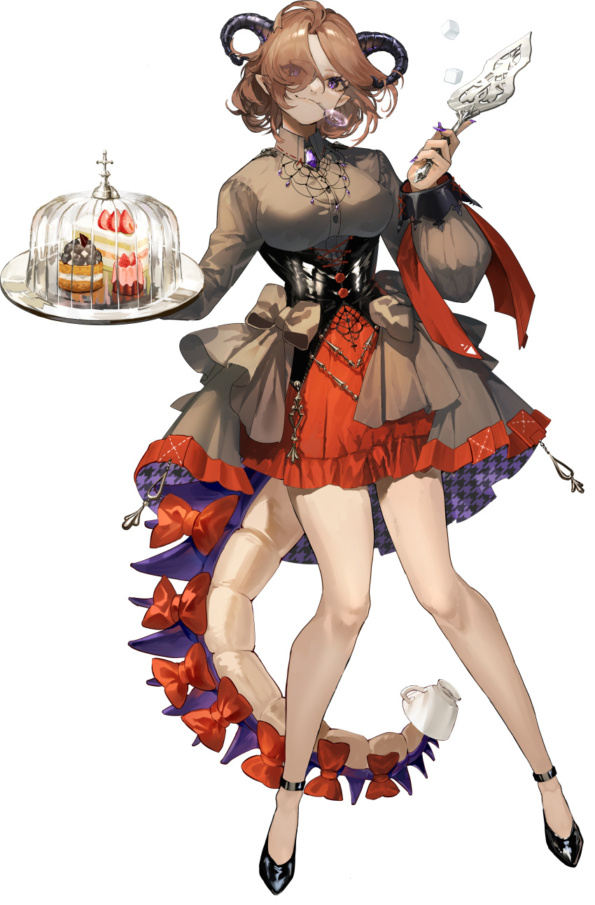 1girl absurdres bow breasts brown_hair cake cake_slice candy closed_mouth collared_shirt commentary_request cup dress_shirt food frilled_skirt frills full_body grey_shirt hair_over_one_eye highres holding holding_tray horns large_breasts lollipop mouth_hold ori_(momonimo) original parted_bangs purple_eyes red_bow red_skirt shirt simple_background skirt smile solo tail teacup tray white_background