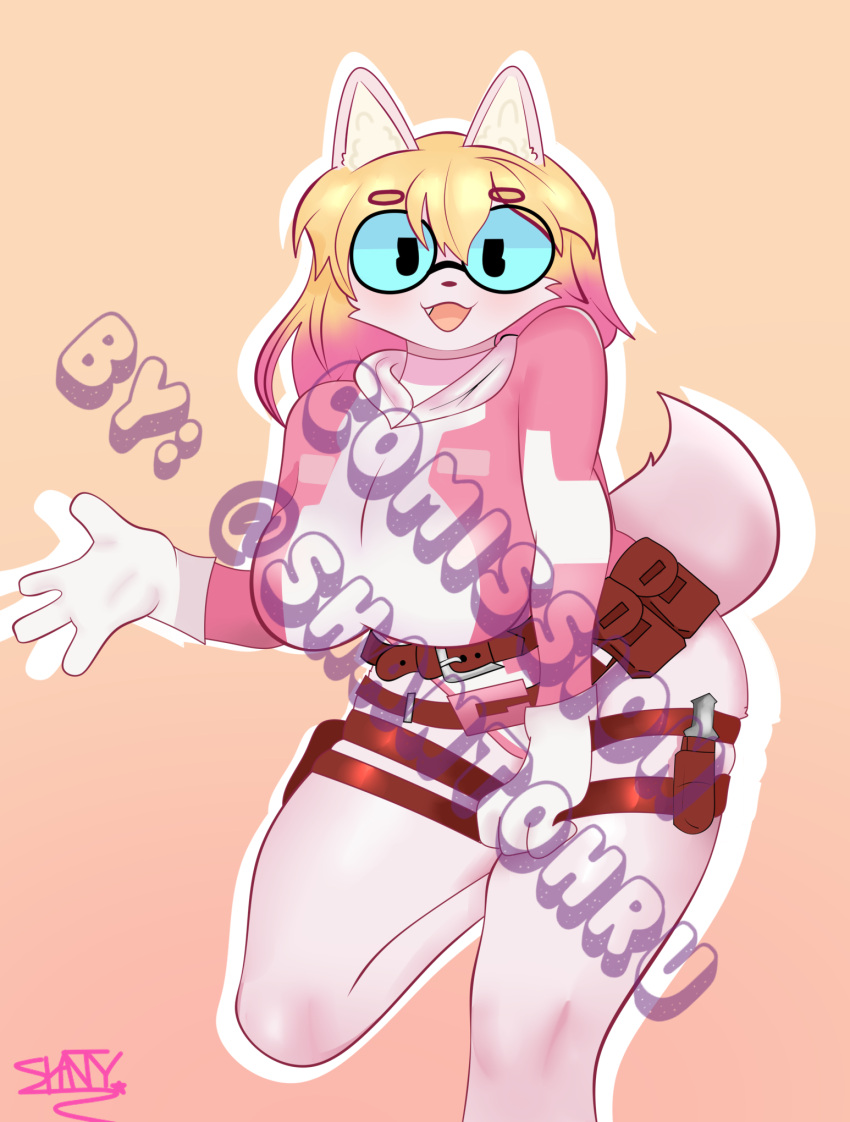 andromorph anthro big_breasts blonde_hair breasts canid canine canis comission eyewear female glasses gwenpool hair hi_res intersex mammal marvel pink_body pink_hair shantohru shanty shanty_artist solo thick wolf