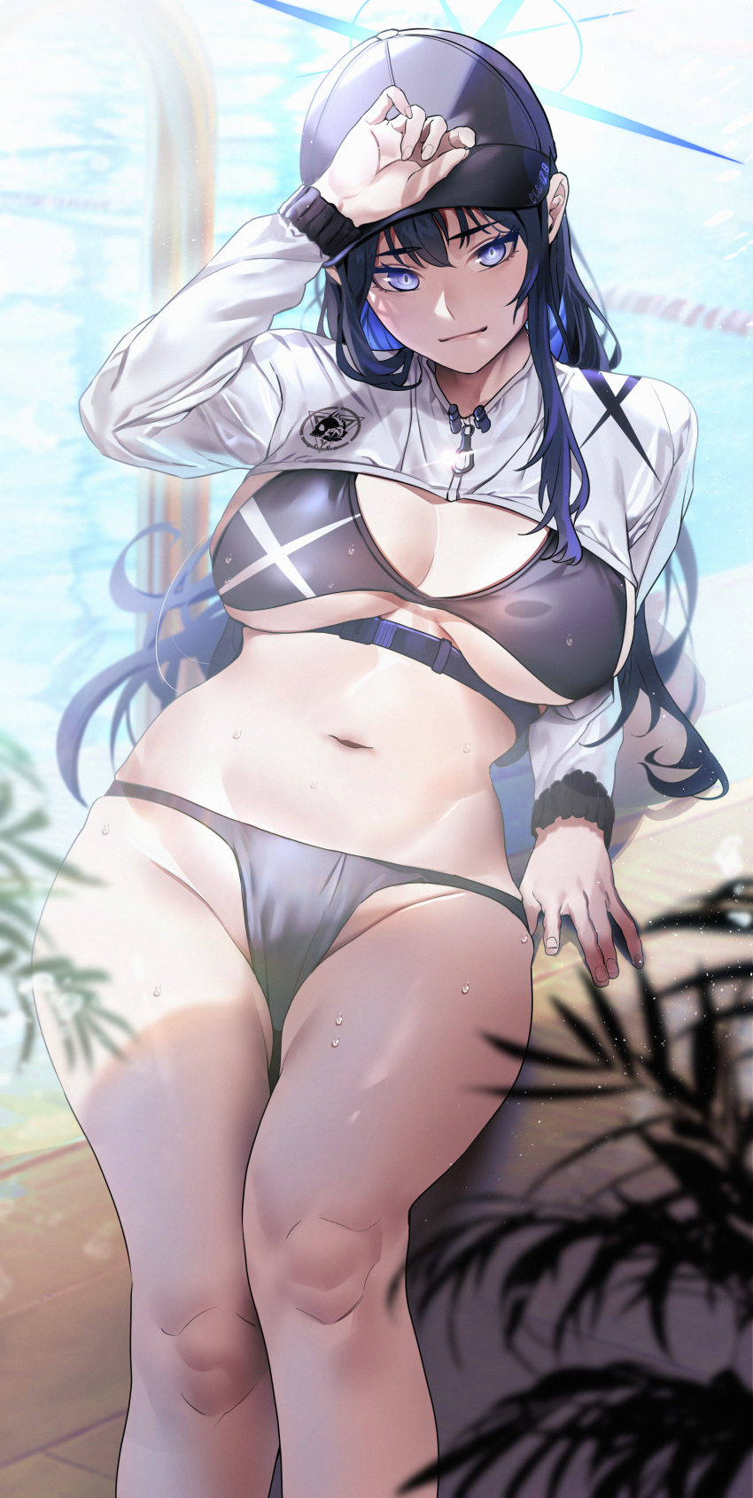 1girl absurdres alternate_costume baseball_cap bikini black_bikini black_hair blue_archive blue_eyes blue_hair blurry breasts colored_inner_hair depth_of_field feet_out_of_frame groin hat highres joacy large_breasts light_smile looking_at_viewer multicolored_hair saori_(blue_archive) shrug_(clothing) solo swimsuit two-tone_hair