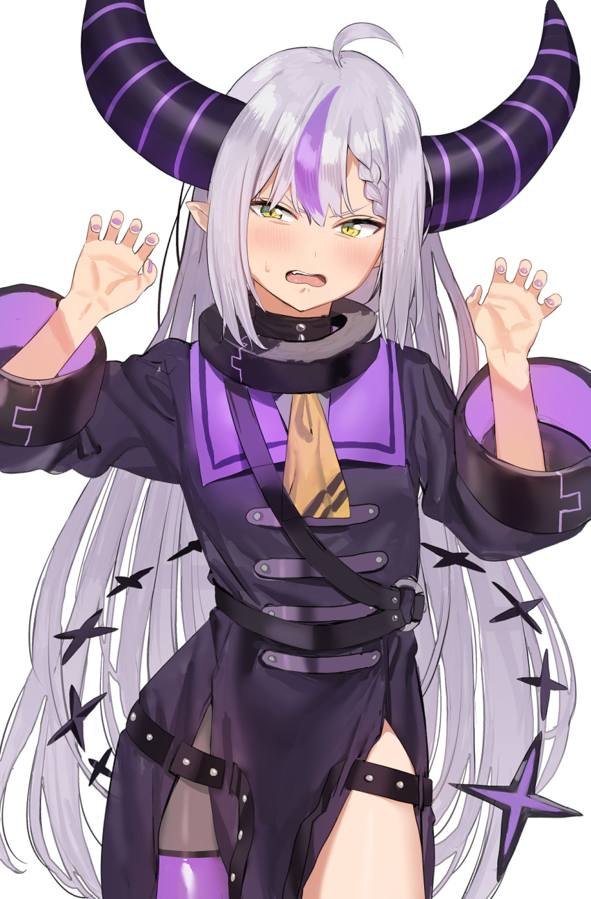 1girl absurdres ahoge ascot blush braid collar commentary_request demon_horns flat_chest grey_hair highres hololive horns la+_darknesss long_hair looking_at_viewer metal_collar open_mouth purple_hair purple_nails purple_thighhighs sidelocks simple_background single_thighhigh solo striped_horns subachi tail thighhighs very_long_hair virtual_youtuber white_background yellow_ascot yellow_eyes