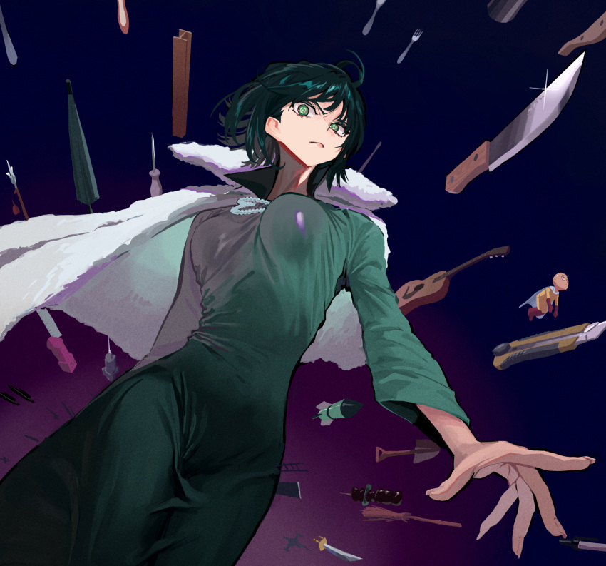 1boy 1girl breasts broom closed_mouth dark_green_hair dress fork fubuki_(one-punch_man) green_dress green_eyes guitar highres instrument jewelry knife large_breasts long_dress necklace object_request one-punch_man pearl_necklace rocket saitama_(one-punch_man) screwdriver solo_focus some1else45 sword tools umbrella utility_knife weapon