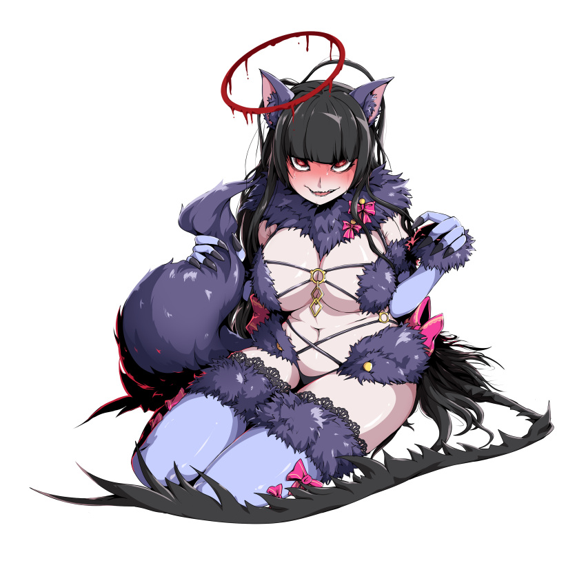 1girl absurdres ahoge animal_ear_fluff animal_ears bikini black_hair black_wings blood blue_archive blunt_bangs blush breasts claws cleavage commentary_request cosplay crazy_eyes crazy_smile curvy elbow_gloves fake_animal_ears fingernails full-face_blush full_body fur-trimmed_gloves fur-trimmed_thighhighs fur_bikini fur_collar fur_trim gloves halo highres holding_own_tail korean_commentary lace-trimmed_thighhighs large_breasts long_fingernails looking_at_viewer low_wings mash_kyrielight mash_kyrielight_(cosplay) mash_kyrielight_(dangerous_beast) mash_kyrielight_(dangerous_beast)_(cosplay) melting_halo messy_hair navel pale_skin plump purple_bikini purple_gloves purple_thighhighs red_eyes red_halo revealing_clothes ryuki seiza sharp_fingernails sharp_teeth simple_background sitting smile solo sweat swimsuit tail teeth thighhighs tsurugi_(blue_archive) very_sweaty wavy_mouth white_background wings wolf_ears