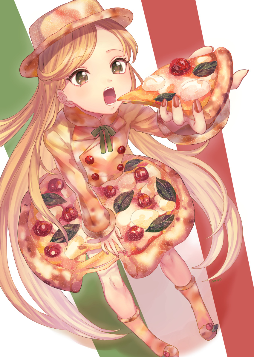 1girl absurdres brown_eyes cheese cheese_trail food food_as_clothes full_body highres holding holding_food holding_pizza italian_flag leaf long_sleeves meriko_(piyoko5) nail_polish open_mouth original pepperoni pizza pizza_slice red_nails shadow solo standing