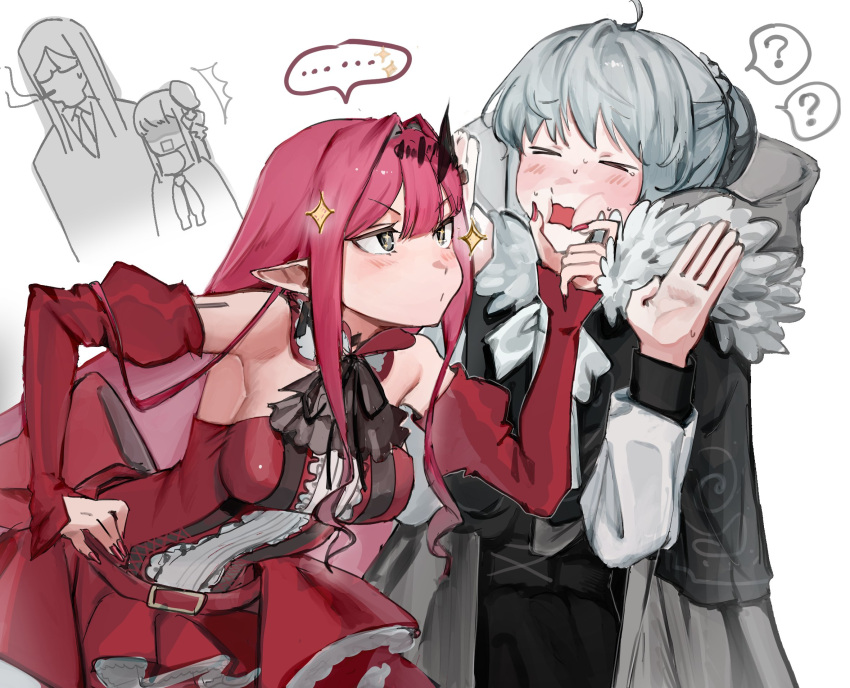 &gt;_&lt; +_+ ... 1boy 3girls ? ahoge baobhan_sith_(fate) blush braid braided_bun breasts cheek_squash cloak closed_eyes detached_sleeves dress eyebrows_hidden_by_hair fate/grand_order fate_(series) fur-trimmed_cloak fur_trim grabbing_another's_chin gray_(fate) grey_hair hair_bun hand_on_another's_chin hand_on_own_hip hands_up highres hood hood_down long_hair lord_el-melloi_ii multiple_girls nail_polish open_mouth pointy_ears red_dress red_hair red_nails reines_el-melloi_archisorte simple_background sparkling_eyes speech_bubble sweat tokoni_fusu waver_velvet white_background