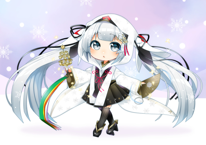 1girl absurdres bell blush chibi commentary folding_fan full_body geta grey_eyes grey_hair hair_ornament hair_ribbon hand_fan hatsune_miku highres holding holding_fan holding_instrument hood instrument japanese_clothes jingle_bell kagura_suzu long_hair long_sleeves looking_to_the_side masumofu musical_note musical_note_hair_ornament open_mouth pleated_skirt ribbon skirt sleeves_past_wrists snow snowflakes snowing solo thighhighs twintails very_long_hair vocaloid wide_sleeves yuki_miku yuki_miku_(2018)