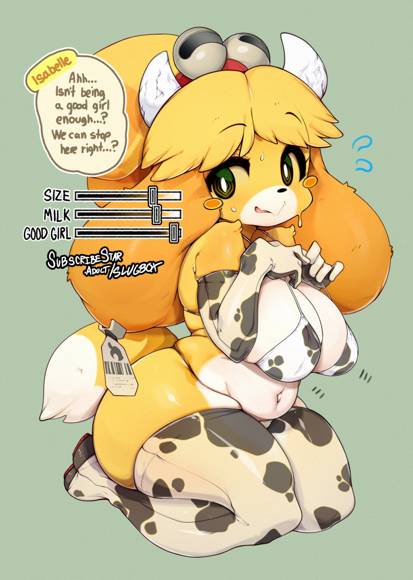 1girl absurdres animal_crossing animal_print barcode bikini blonde_hair blush_stickers breasts commentary cow_print elbow_gloves english_commentary english_text full_body furry furry_female gloves green_background green_eyes highres isabelle_(animal_crossing) large_breasts long_hair looking_at_viewer multicolored_hair orange_hair print_bikini print_gloves print_thighhighs simple_background sitting slugbox solow speech_bubble swimsuit thighhighs two-tone_hair wariza white_bikini white_gloves white_thighhighs