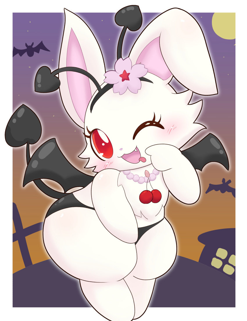 2023 absurd_res anthro bat black_clothing black_panties black_underwear bluehiyokobunny border clothing devil_costume fake_horns fake_tail fake_wings female fur halloween hi_res holidays jewelpet jewelry lagomorph leporid mammal moon necklace one_eye_closed panties rabbit red_eyes ruby_(jewelpet) sanrio solo spade_tail tail thick_thighs tongue tongue_out underwear white_body white_border white_fur wide_hips wink