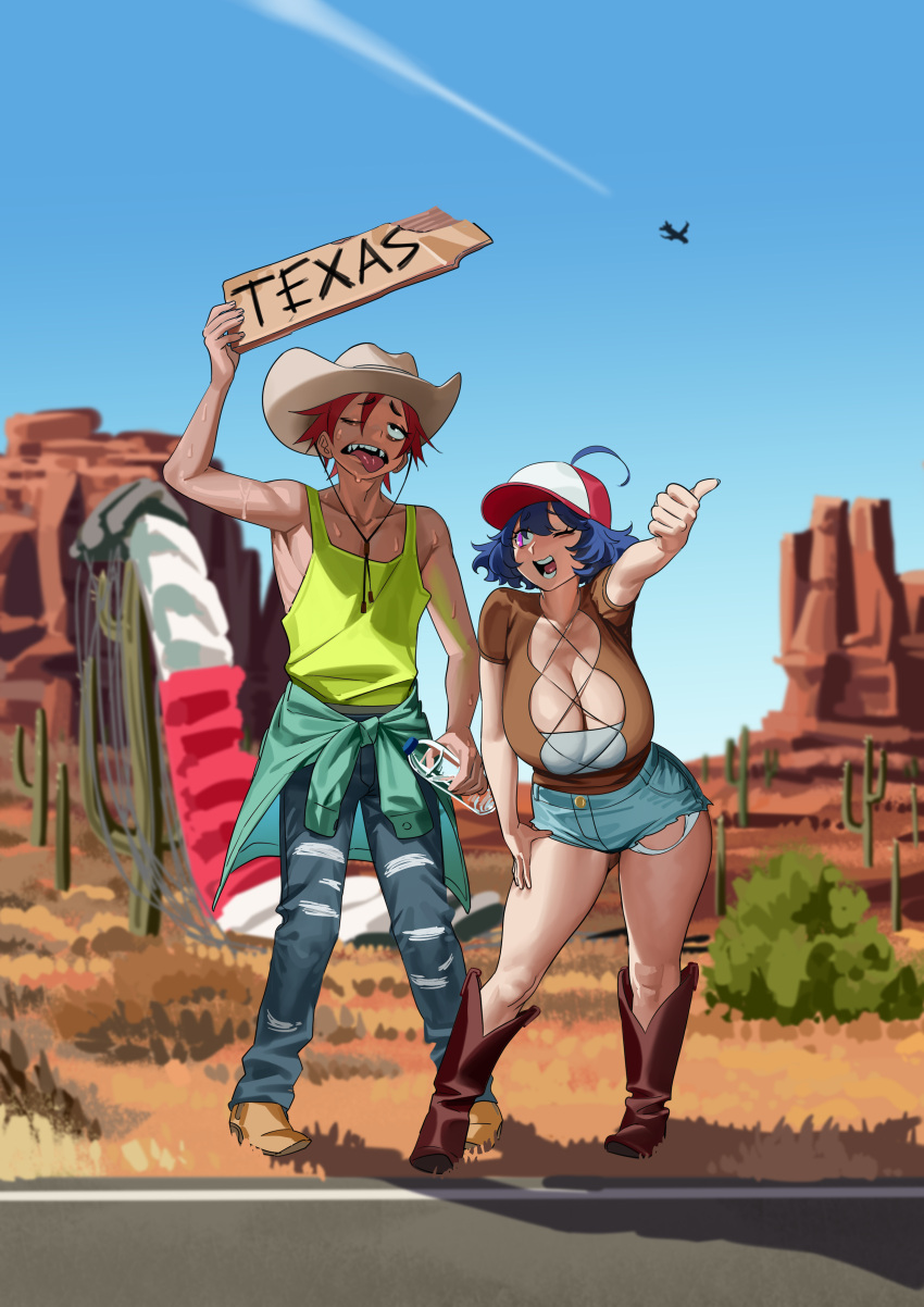 1boy 1girl absurdres ahoge aircraft airplane blue_hair blue_shorts boots breasts brown_footwear bush cactus cleavage cleavage_cutout clothing_cutout day desert enta_(nia) hand_on_leg hat highres hitchhiking holding holding_sign huge_breasts medium_hair nervous_sweating nia_(nia4294) one_eye_closed open_mouth original outdoors red_hair road shadow short_hair shorts sign smile sweat tank_top yellow_tank_top