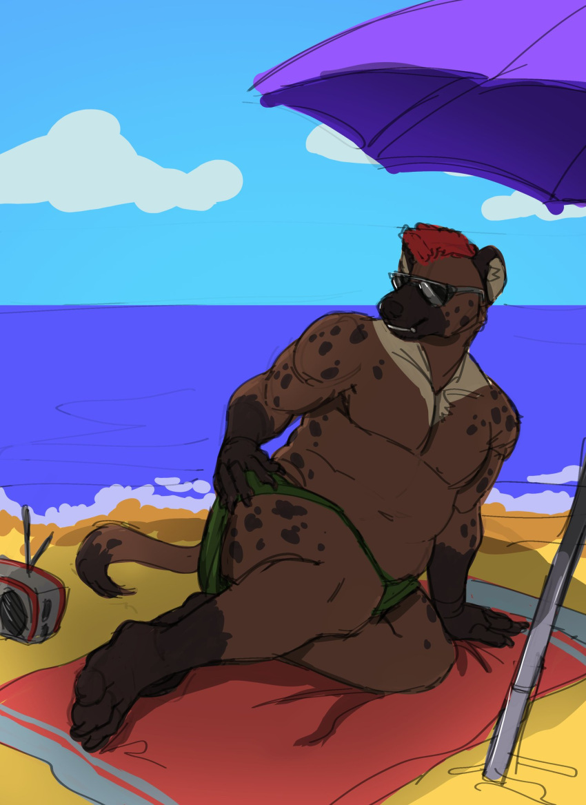 anthro beach beach_towel beach_umbrella bear blue_sky bottomwear brown_body brown_fur chest_markings clothing cloud crescent_moon cryptidcoyote eyewear frohawk fur fur_markings hi_res hybrid hyena lying male mammal markings moon mr.hakkai musclegut muscular muscular_anthro muscular_male on_side radio sand sea seaside skirt sky smile solo spots spotted_body spotted_fur sunglasses tail tail_markings towel water