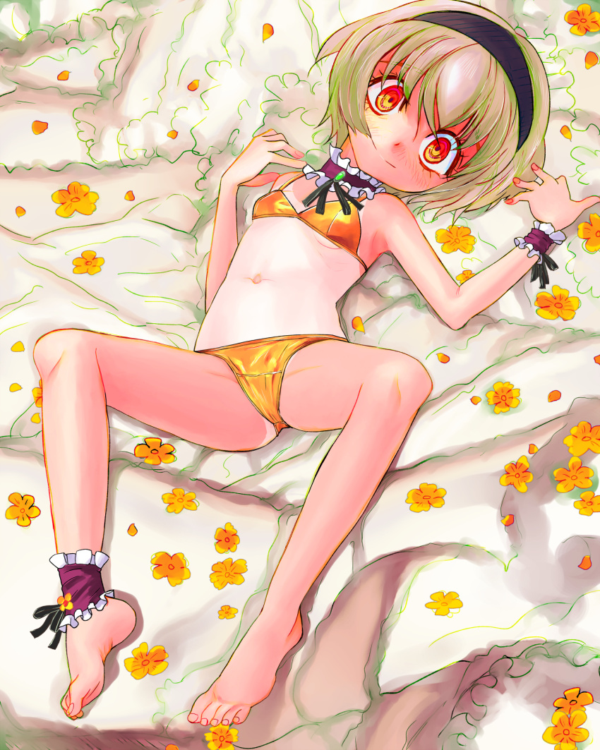 1girl bare_shoulders barefoot bed_sheet bob_cut breasts closed_mouth eyelashes fingernails flower hair_between_eyes hairband highres jashin-chan_dropkick light_brown_hair lying multicolored_eyes multicolored_flower on_back orange_flower pekora_(jashin-chan_dropkick) petals purple_hairband red_eyes ringed_eyes short_hair small_breasts smile solo split_mouth toenails tsukiyono_aroe yellow_eyes yellow_flower