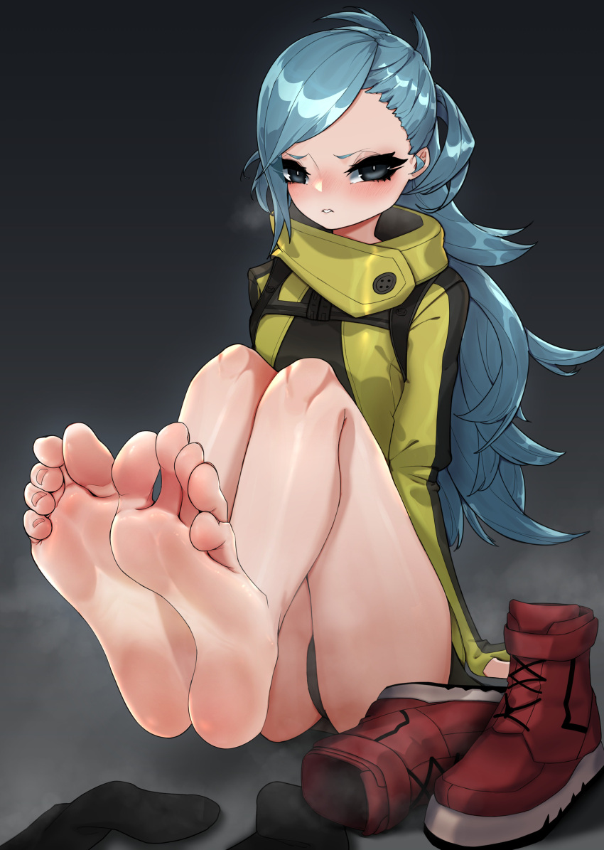 1girl absurdres ai_the_somnium_files bare_legs barefoot blue_hair ecchi-o feet foot_focus full_body highres knees_up legs legs_up long_hair okiura_mizuki shoes sitting socks soles solo steaming_body toe_scrunch toenails toes