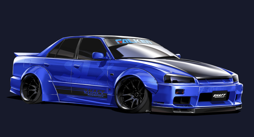 absurdres black_background car commission english_commentary falken_tire highres mixed-language_commentary motor_vehicle nissan nissan_skyline nissan_skyline_r34 no_humans original silenxe stance_(vehicle) vehicle_focus