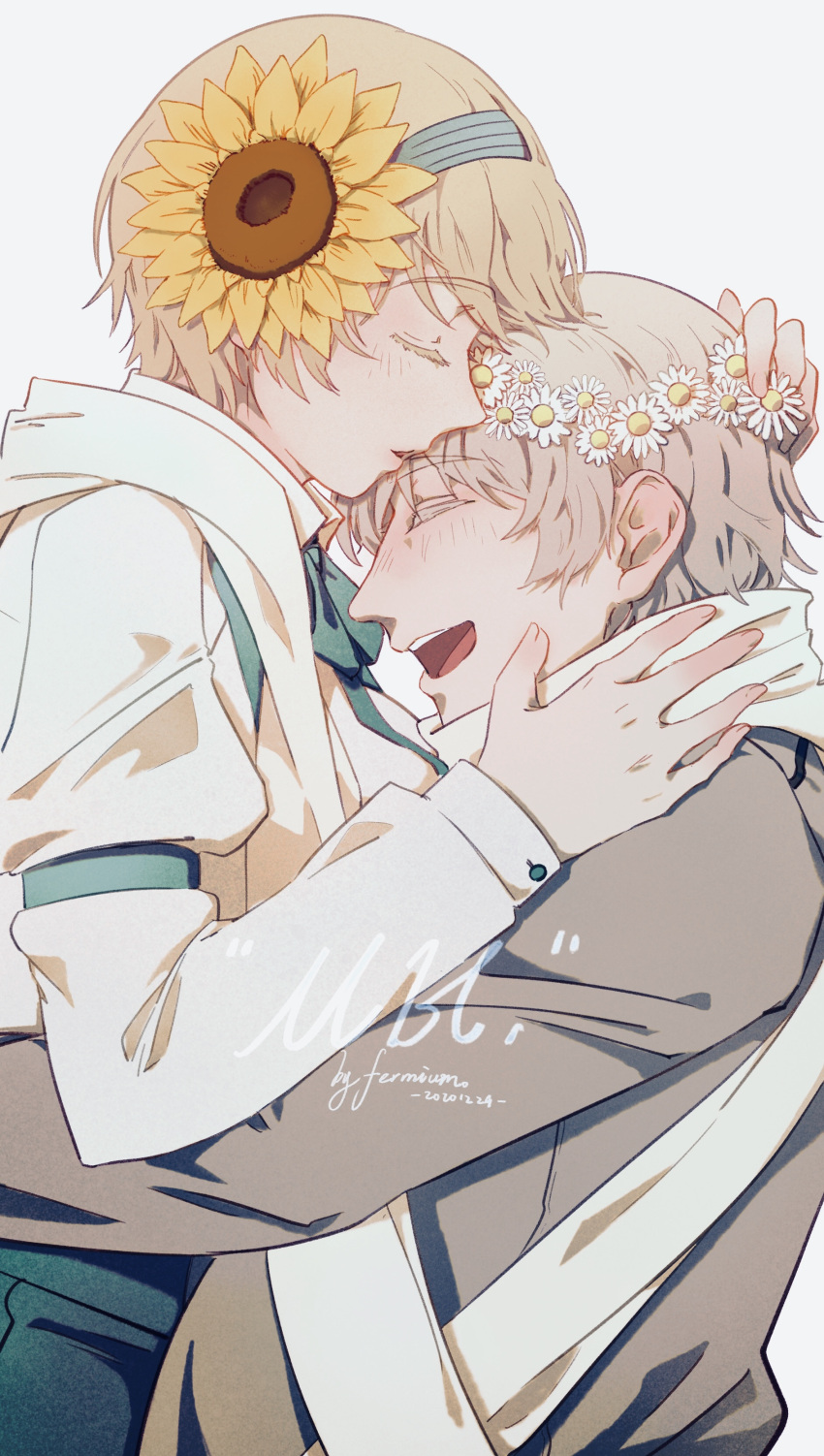 1boy 1girl absurdres affectionate artist_name axis_powers_hetalia blonde_hair blue_bow blue_bowtie blue_pants blush bow bowtie breasts closed_eyes coat dated facing_another fermium.ice flower flower_wreath grey_coat grey_hair hair_flower hair_ornament hairband happy head_wreath highres hug kiss kissing_forehead large_breasts long_sleeves open_mouth pants profile russia_(hetalia) scarf shirt short_hair signature simple_background sunflower ukraine_(hetalia) upper_body white_background white_scarf white_shirt