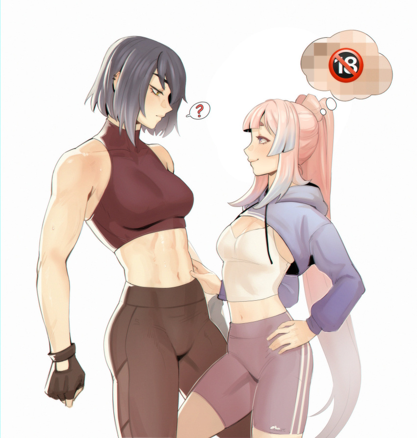 286456006 2girls ? abs absurdres bare_shoulders bow-shaped_hair breasts censored closed_mouth colored_tips covered_collarbone ear_piercing fingerless_gloves genshin_impact gloves gradient_hair gym_uniform hand_on_another's_stomach highres kujou_sara leg_between_thighs looking_at_another midriff multicolored_hair multiple_girls navel piercing ponytail sangonomiya_kokomi shorts simple_background standing stomach thought_bubble yuri