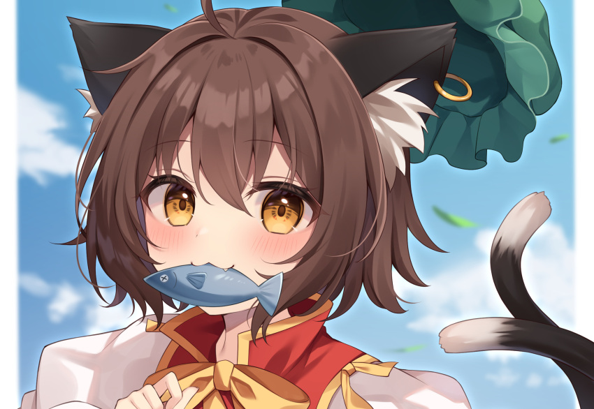 1girl :3 ahoge animal_ear_fluff animal_ear_piercing animal_ears blurry blurry_background blush border brown_eyes brown_hair cat_ears cat_tail chen commentary_request cropped depth_of_field earrings fang fish food_in_mouth gold_trim green_headwear hair_between_eyes hand_up hat hat_flying_off highres jewelry miy@ mob_cap mouth_hold multiple_tails nekomata puffy_sleeves single_earring solo tail touhou two_tails white_border