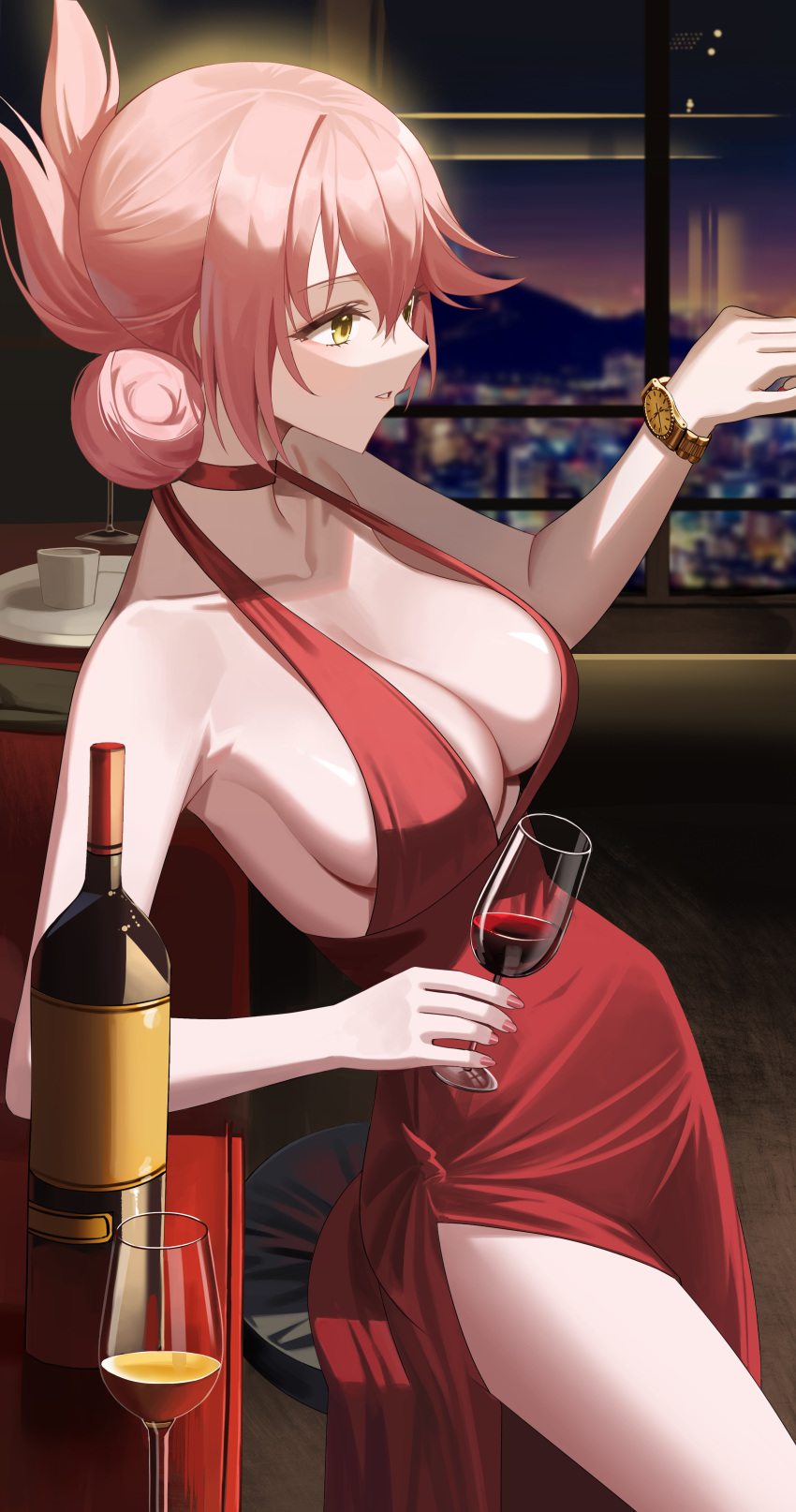 1girl absurdres bottle breasts cleavage collarbone commentary commission cup dress drinking_glass eiyuu_densetsu english_commentary glass highres indoors large_breasts leavv parted_lips pink_hair pixiv_commission red_dress sara_valestein sen_no_kiseki short_hair sleeveless sleeveless_dress solo thighs watch wine_bottle wine_glass yellow_eyes