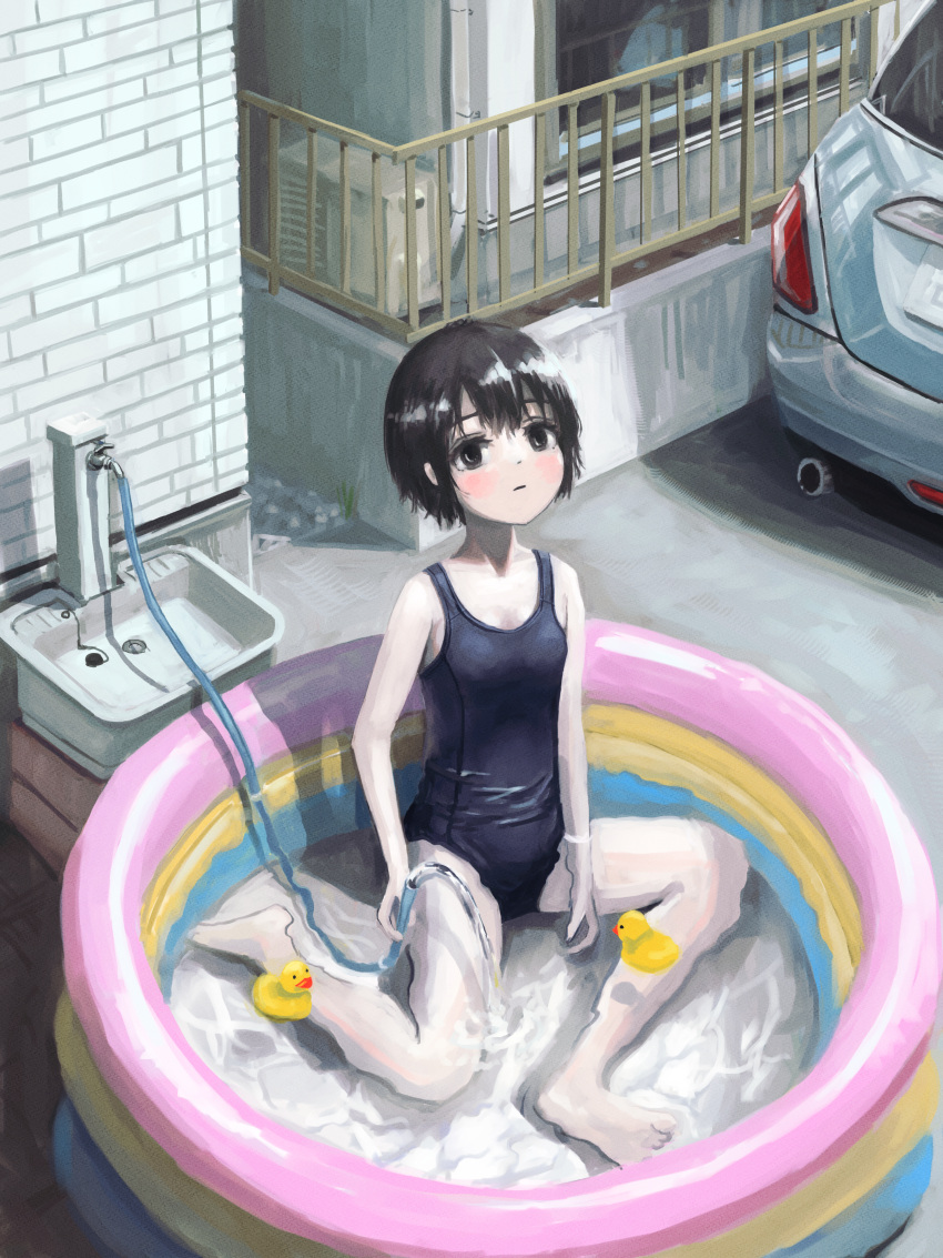 1girl absurdres black_eyes black_hair building car commentary_request day highres hose looking_at_viewer motor_vehicle okura_lino one-piece_swimsuit original outdoors rubber_duck scenery short_hair solo swimsuit urban wading_pool