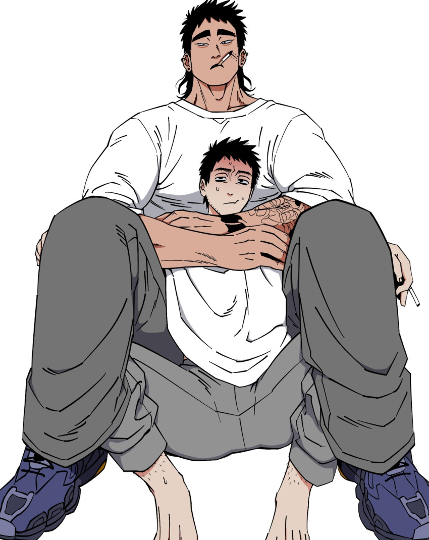 2boys arms_around_neck asian balnom bara between_legs black_hair cheek_bulge cigarette full_body highres knees_up male_focus multiple_boys muscular muscular_male original short_hair sitting_between_lap size_difference sparse_stubble thick_eyebrows tsurime turn_pale yaoi