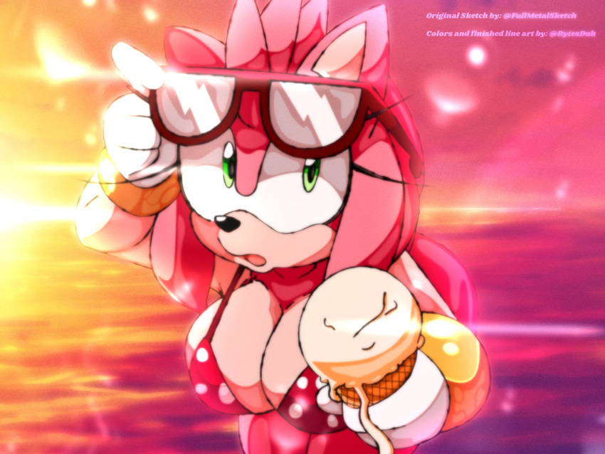 amy_rose anthro big_breasts bikini breasts bytesduh cleavage clothed clothing dessert eulipotyphlan female food fullmetalsketch green_eyes hedgehog ice_cream looking_at_viewer mammal sega solo sonic_the_hedgehog_(series) swimwear