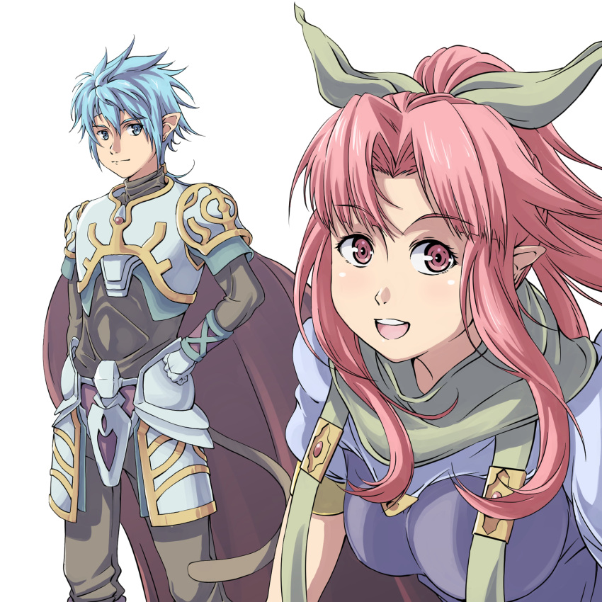 1boy 1girl :d blue_eyes breasts cape closed_mouth gloves hair_ribbon highres kaien_advance long_hair looking_at_viewer millie_chliette open_mouth pink_eyes pink_hair pointy_ears ponytail ribbon roddick_farrence simple_background smile star_ocean star_ocean_first_departure tail white_background