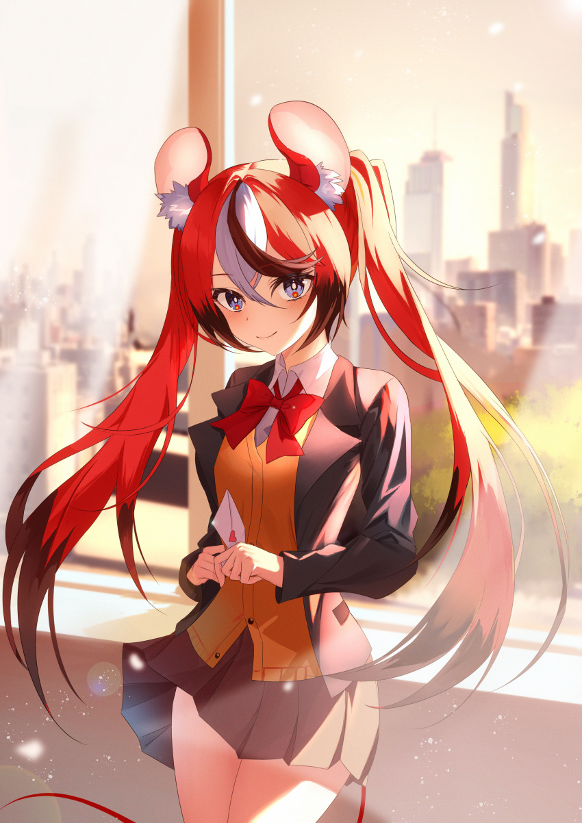 1girl absurdres animal_ears blue_eyes bow city envelope hakos_baelz highres holding holding_envelope hololive hololive_english jiang_ye_kiri long_hair love_letter mouse_ears mouse_tail multicolored_hair pleated_skirt red_hair school_uniform skirt smile tail twilight twintails virtual_youtuber window