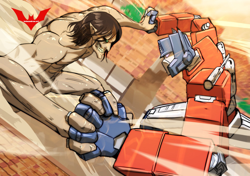 2boys abs artist_name batm_andrew brown_hair crossover fighting green_eyes highres male_focus mecha multiple_boys muscular muscular_male nude optimus_prime pointy_ears robot rogue_titan shingeki_no_kyojin titan_(shingeki_no_kyojin) transformers watermark