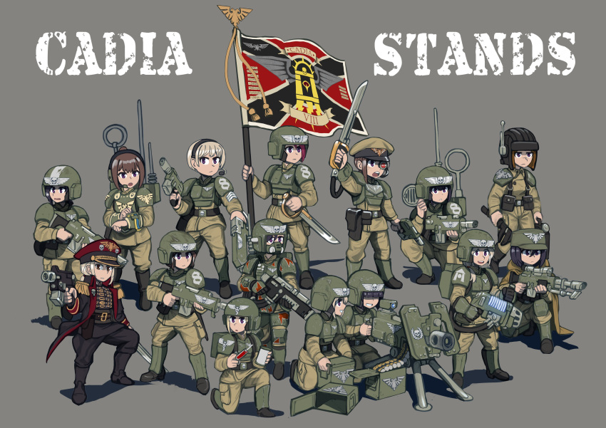 6+girls absurdres ammunition_belt ammunition_box armor artificial_eye astra_militarum bolter commissar energy_gun english_text erica_(naze1940) flag gas_mask grenade_launcher grey_background gun hat helmet highres holding holding_flag holding_syringe holding_wrench lasgun mask mechanical_eye military military_uniform mouth_mask multiple_girls pauldrons peaked_cap plasma_rifle radio radio_antenna rifle saber_(weapon) shoulder_armor sniper_rifle sword syringe uniform warhammer_40k weapon wrench