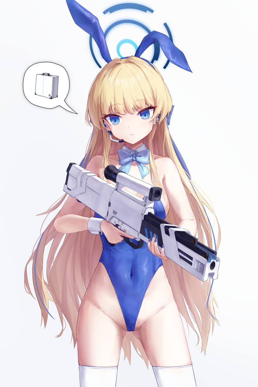 1girl 9malefi9 absurdres animal_ears ass assault_rifle blonde_hair blue_archive blue_bow blue_bowtie blue_eyes blue_hair blue_halo blue_leotard bow bowtie breasts closed_mouth commentary covered_navel cowboy_shot detached_collar english_commentary fake_animal_ears groin gun h&amp;k_g11 halo highres holding holding_gun holding_weapon leotard long_hair medium_breasts multicolored_hair official_alternate_costume rabbit_ears rifle simple_background solo strapless strapless_leotard streaked_hair thighhighs toki_(blue_archive) toki_(bunny)_(blue_archive) weapon white_background white_thighhighs wrist_cuffs