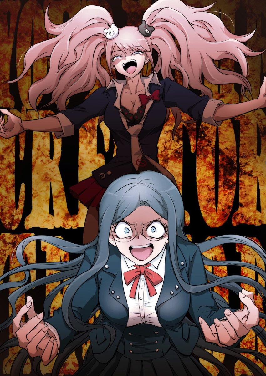 2girls :d bear_hair_ornament black_bra black_jacket black_necktie black_shirt black_skirt blonde_hair bow bowtie bra breasts buttons cleavage danganronpa:_trigger_happy_havoc danganronpa_(series) danganronpa_v3:_killing_harmony double-breasted dress_shirt enoshima_junko evil_smile hair_ornament half-closed_eyes highres jacket large_breasts long_hair long_sleeves miniskirt multiple_girls necktie open_clothes open_jacket parted_bangs pleated_skirt polka_dot polka_dot_bra red_bow red_bowtie red_skirt shachoo_(poco_poco) shirogane_tsumugi shirt skirt smile teeth tongue twintails two-tone_necktie underwear upper_teeth_only white_necktie white_shirt