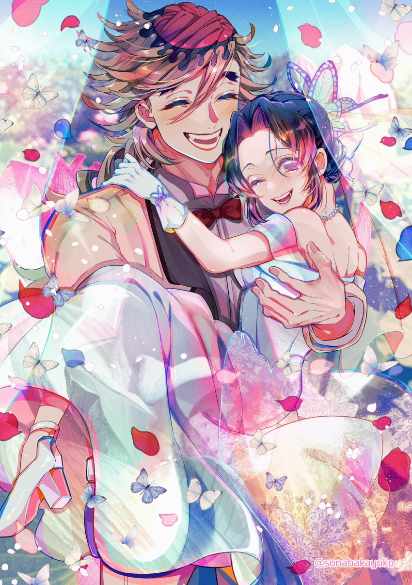 1boy 1girl :d ^_^ animal_print black_hair blue_sky blurry blurry_background blush bridal_veil bug butterfly butterfly_hair_ornament carrying carrying_person closed_eyes douma_(kimetsu_no_yaiba) dress eyelashes falling_petals floating_clothes formal full_body gloves hair_ornament hetero high_heels highres kimetsu_no_yaiba kochou_shinobu long_hair one_eye_closed outdoors petals rose_petals sidelocks sky smile suit teeth veil wedding wedding_dress white_dress white_footwear white_gloves yamada_73