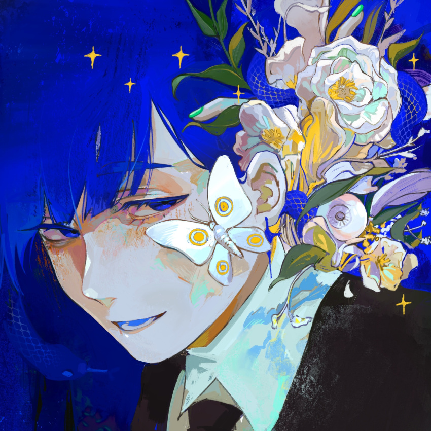 1other androgynous animal_on_head black_shirt blending blue_background blue_eyes blue_hair blue_tongue bouquet bug collared_shirt colored_eyelashes colored_tongue flower flower_request gem_uniform_(houseki_no_kuni) hair_behind_ear half-closed_eyes highres houseki_no_kuni lapis_lazuli_(houseki_no_kuni) looking_at_viewer looking_to_the_side moth on_head open_mouth patterned_background patterned_hair portrait shirt sideways_glance smile snake sparkle white_flower white_shirt xiaoxiaoguguzi