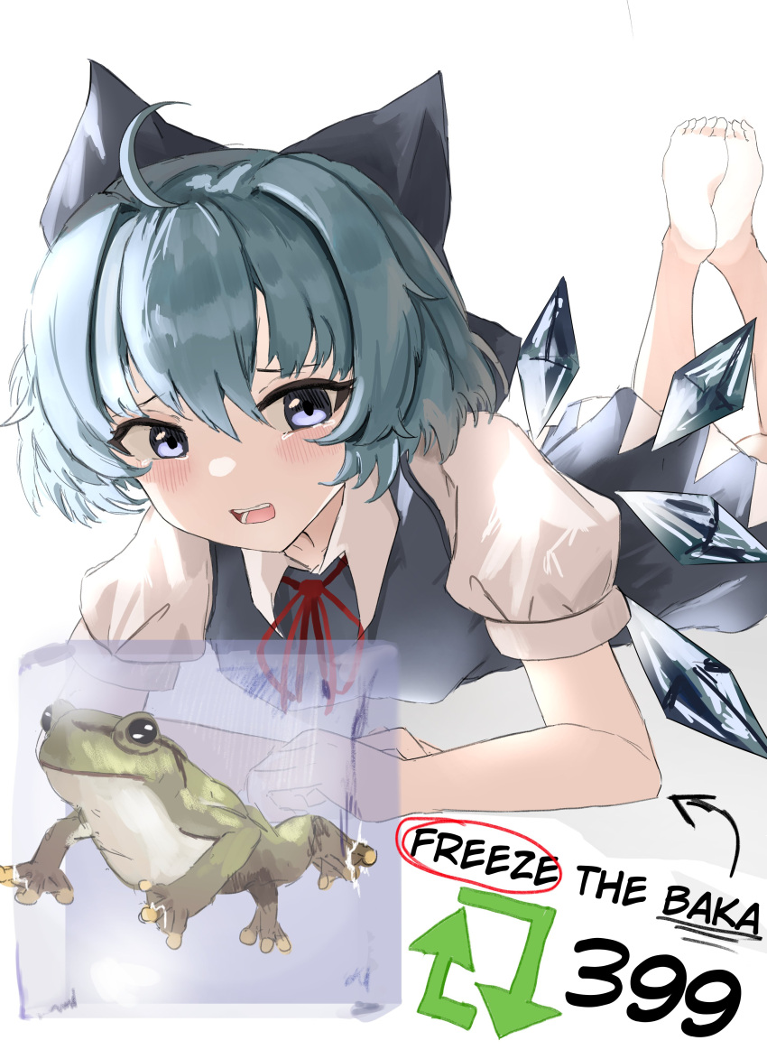 1girl absurdres ahoge animal barefoot blue_bow blue_dress blue_eyes blue_hair blush bow cirno collared_shirt commentary detached_wings dress english_commentary english_text fairy frog frozen_frog hair_between_eyes hair_bow highres ice ice_wings looking_at_viewer lying on_stomach open_mouth ougiikun pinafore_dress shirt short_hair short_sleeves simple_background sleeveless sleeveless_dress solo the_pose touhou white_background white_shirt wings