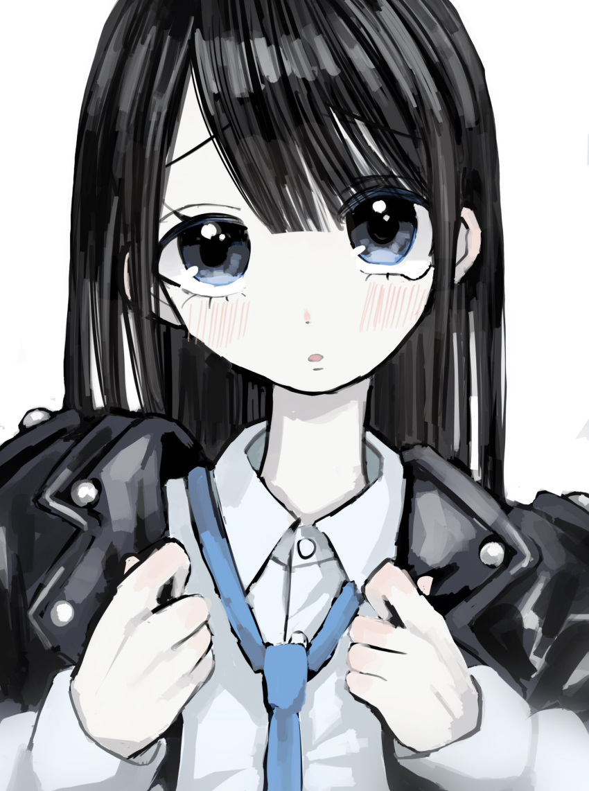 1girl black_hair black_jacket blue_necktie buttons collared_shirt grey_eyes hands_up highres jacket light_blush long_bangs long_hair long_sleeves looking_at_viewer loose_necktie necktie open_clothes open_jacket original parted_lips shirt simple_background solo straight-on straight_hair studded_jacket upper_body urokogaran white_background white_shirt