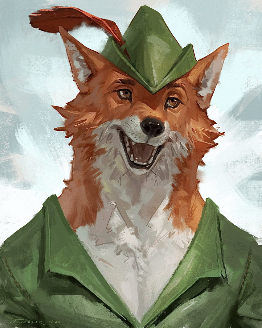 2023 anthro brown_eyes canid canine clothed clothing disney eyebrows feathers fox fur grey_background hat headgear headshot_portrait headwear hi_res lips male mammal open_mouth open_smile orange_body orange_fur painterly portrait robin_hood robin_hood_(disney) shirt signature simple_background smile solo taran_fiddler teeth tongue topwear tuft tunic whiskers white_body white_fur