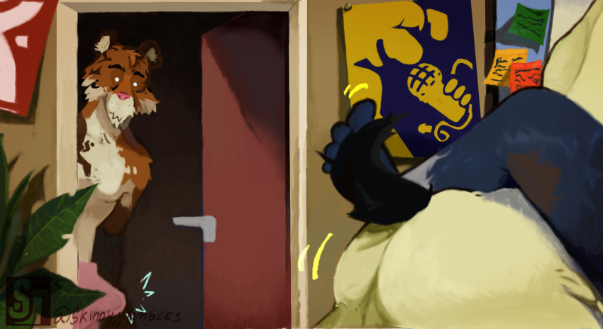 anthro bedroom bulge butt canid canine canis clothed clothing domestic_dog dormitory dustin_(lekmegg) erection erection_under_clothing felid group humanoid lekmegg looking_surprised male male/male mammal pantherine plant sex tail tiger trio walk-in watching_from_afar