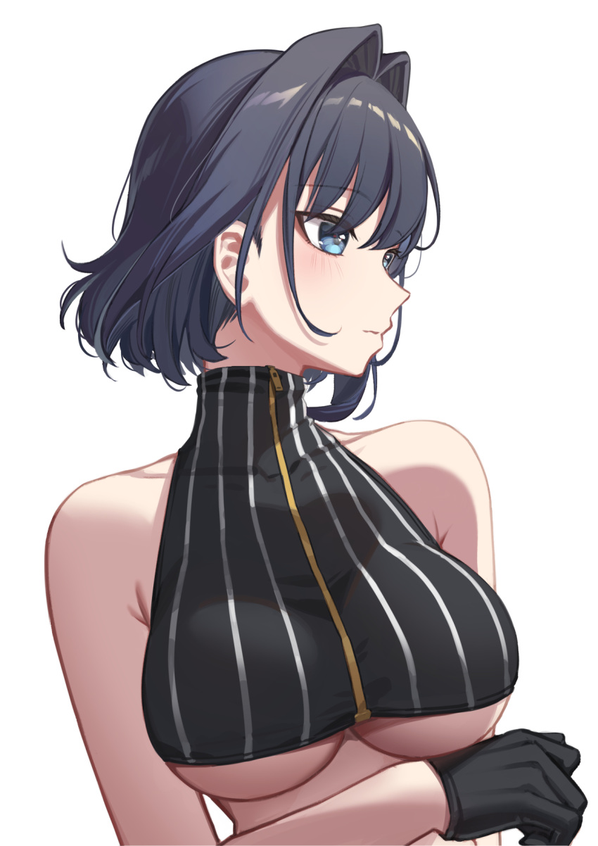 1girl bare_shoulders black_gloves black_hair blue_eyes breasts closed_mouth commentary erezu expressionless gloves hair_intakes highres hololive hololive_english large_breasts looking_ahead looking_to_the_side no_shirt ouro_kronii ouro_kronii_(1st_costume) short_hair simple_background solo striped symbol-only_commentary turtleneck underboob upper_body vertical_stripes virtual_youtuber white_background zipper