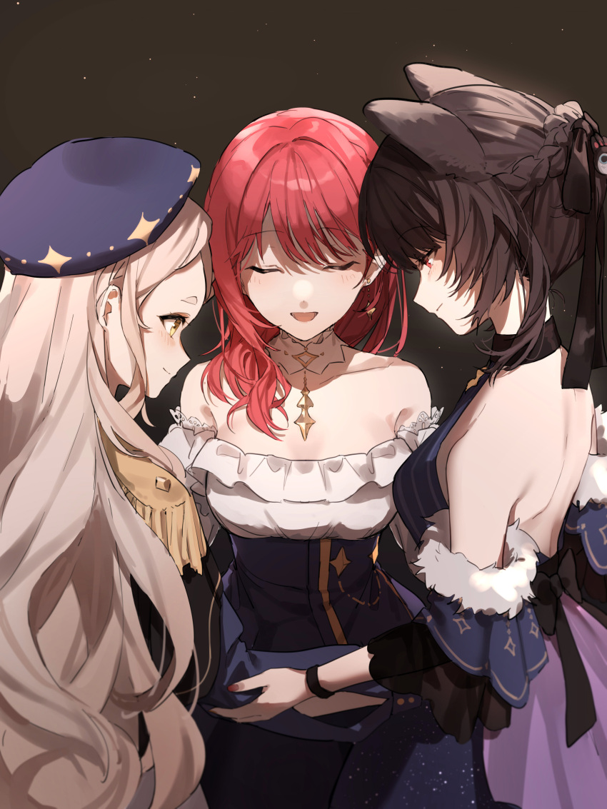 3girls absurdres animal_ears asahina_akane_(nijisanji) bare_back bare_shoulders beret blonde_hair blue_dress blue_headwear blue_skirt blunt_bangs blush braid breasts brown_hair closed_eyes collarbone detached_collar detached_sleeves dog_ears dog_hair_ornament dress frilled_shirt frills fur-trimmed_sleeves fur_trim hair_ornament halterneck hat high-waist_skirt highres holding_another's_arm inui_toko long_hair machita_chima medium_breasts multiple_girls nijisanji open_mouth red_eyes rinderon0722 shirt short_hair_with_long_locks sidelocks skirt smile swept_bangs thick_eyebrows very_long_hair virtual_youtuber wavy_hair white_shirt wristband yellow_eyes