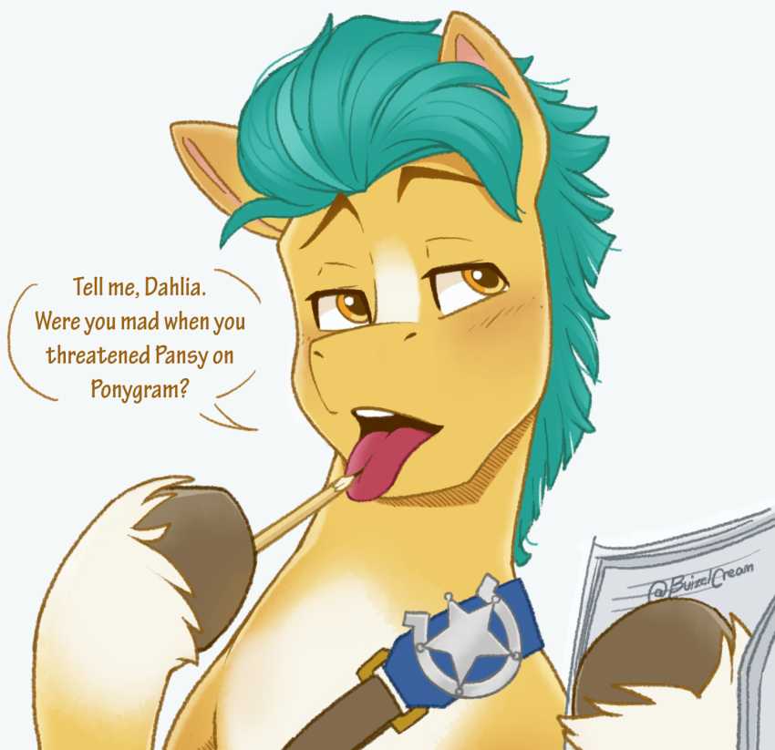 2023 badge bcpony blush brown_hooves dialogue digital_media_(artwork) earth_pony english_text equid equine eyebrows feral fur green_hair green_mane hair half-closed_eyes hasbro hi_res hitch_trailblazer_(mlp) holding_object hooves horse leg_tuft male mammal mane mlp_g5 my_little_pony narrowed_eyes open_mouth paper pencil_(object) pony solo text tongue tongue_out tuft yellow_body yellow_eyes yellow_fur