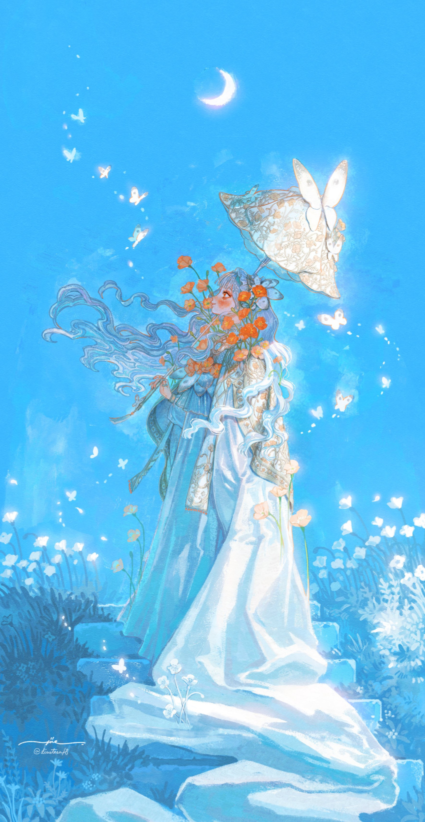 1girl absurdres blue_sky blush bracelet bug butterfly butterfly_hair_ornament capelet commentary_request crescent_moon floating_hair flower full_body grass hair_ornament highres holding holding_umbrella jewelry long_hair looking_up moon orange_flower original profile red_eyes ring robe shawl sky smile solo stairs umbrella wavy_hair white_hair white_robe yue_(distesa18)