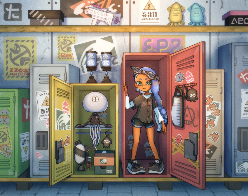 1girl absurdres arrow_(symbol) asymmetrical_hair bandana barcode black_bandana black_footwear black_jacket black_shirt black_shorts blue_hair blush box buttons caution_tape closed_mouth commentary dark-skinned_female dark_skin forehead green_eyes gun hand_up highres in_locker indoors inkling inkling_girl jacket jellyfish_(splatoon) jersey layered_sleeves locker long_hair long_sleeves looking_at_viewer moromi_(kscd4482) paper pointy_ears poster_(object) shelf shirt shoe_box shoes short_eyebrows short_over_long_sleeves short_shorts short_sleeves shorts sitting smile splatoon_(series) splattershot_(splatoon) splattershot_jr_(splatoon) standing sticker stone_floor tentacle_hair tic-tac-toe undershirt very_long_hair weapon white_shirt