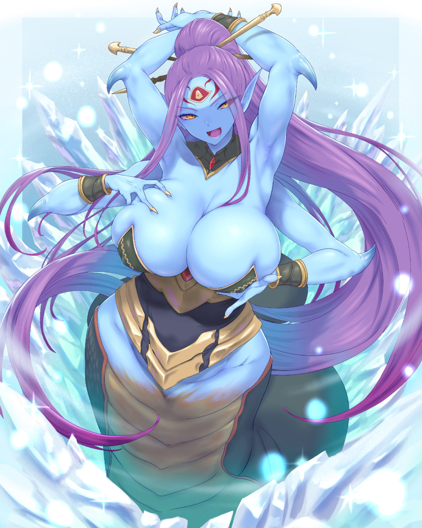 1girl :d armpits arms_behind_head arms_up blue_skin bracer breast_hold breasts cleavage colored_skin extra_arms fingernails gorget hair_ornament hair_stick hand_on_own_chest high_ponytail highres huge_breasts ice icicle kous_(onetwojustice) lamia light_particles long_fingernails long_hair looking_at_viewer monster_girl open_mouth pointy_ears purple_hair seiken_densetsu sidelocks smile solo very_long_hair yellow_eyes yellow_nails