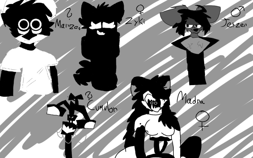 ambiguous_gender ambiguous_species animal_humanoid anthro black_arms black_hair black_screen black_wolf_venus burned burned_up cables canid canine canis clothing cumulor dark_circles exposed_bone eyes_in_mouth eyes_only featureless_body felid felid_humanoid female fennec ferrofluid fox gender_symbol group grumpy hair humanoid jerzer(bwv) lifeless_stare looking_at_viewer madra male mammal mammal_humanoid marzes(bwv monochrome no_abdomen no_pupils pantherine pantherine_humanoid question_mark sharp_teeth shirt smile statuefication symbol teeth tiger_humanoid topwear undead white_clothing white_mouth white_shirt white_topwear wolf zyki(bwv)