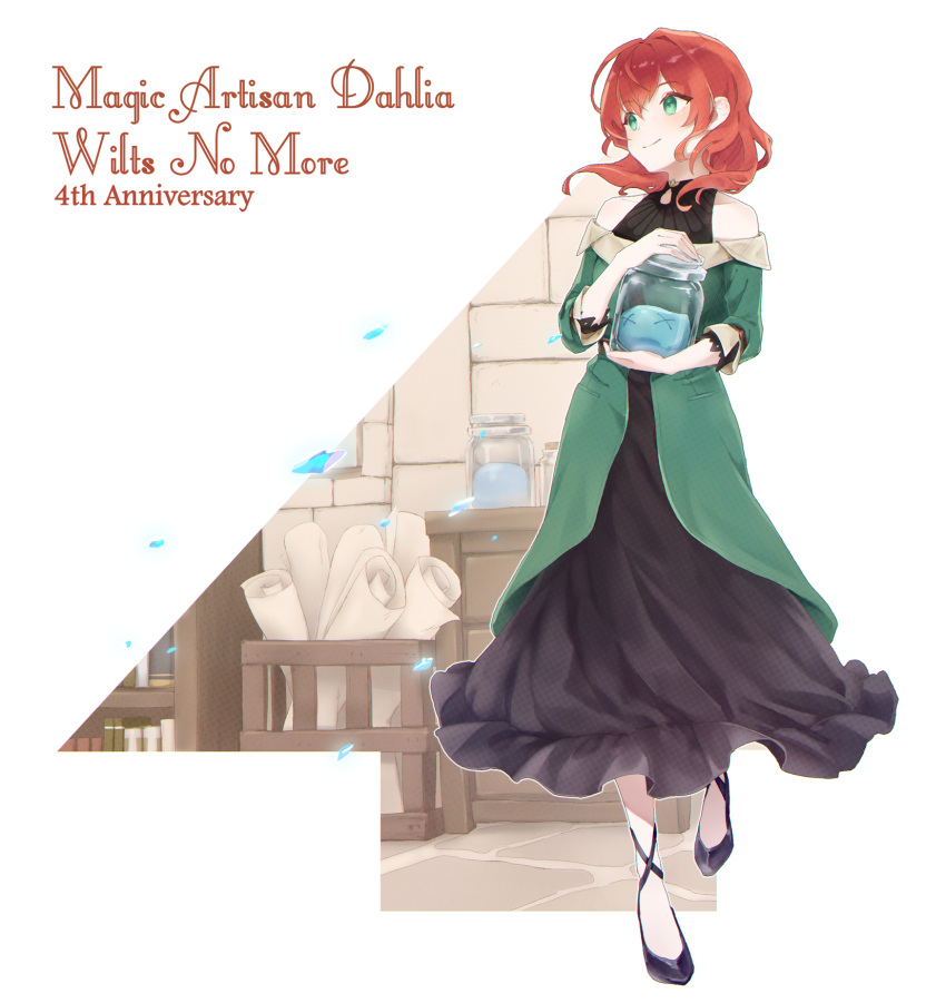 1girl ankle_lace-up anniversary bare_shoulders black_dress bookshelf coat copyright_name dahlia_rossetti dress green_coat green_eyes highres holding holding_jar jar madougushi_dahlia_wa_utsumukanai obiro red_hair rolled_up_paper shoes slime_(creature) solo stone_floor strapless_coat x_x