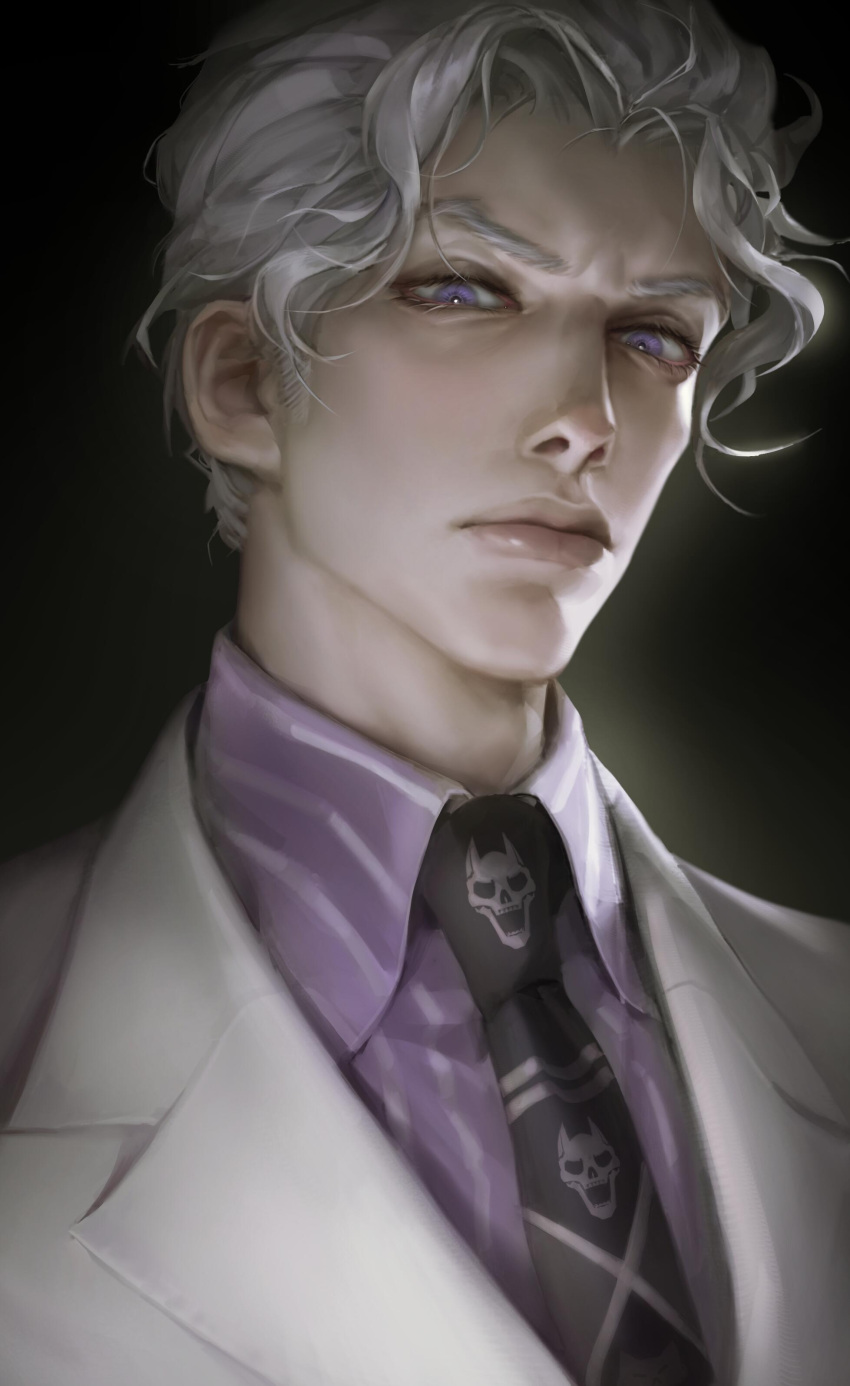 1boy absurdres black_background black_necktie blazer bright_pupils closed_mouth collared_shirt diamond_wa_kudakenai formal frown furrowed_brow grey_hair highres jacket jojo_no_kimyou_na_bouken kira_yoshikage lips looking_at_viewer male_focus molimolijio necktie portrait print_necktie purple_eyes purple_shirt shirt short_hair skull_print smile solo suit wavy_hair white_hair white_jacket