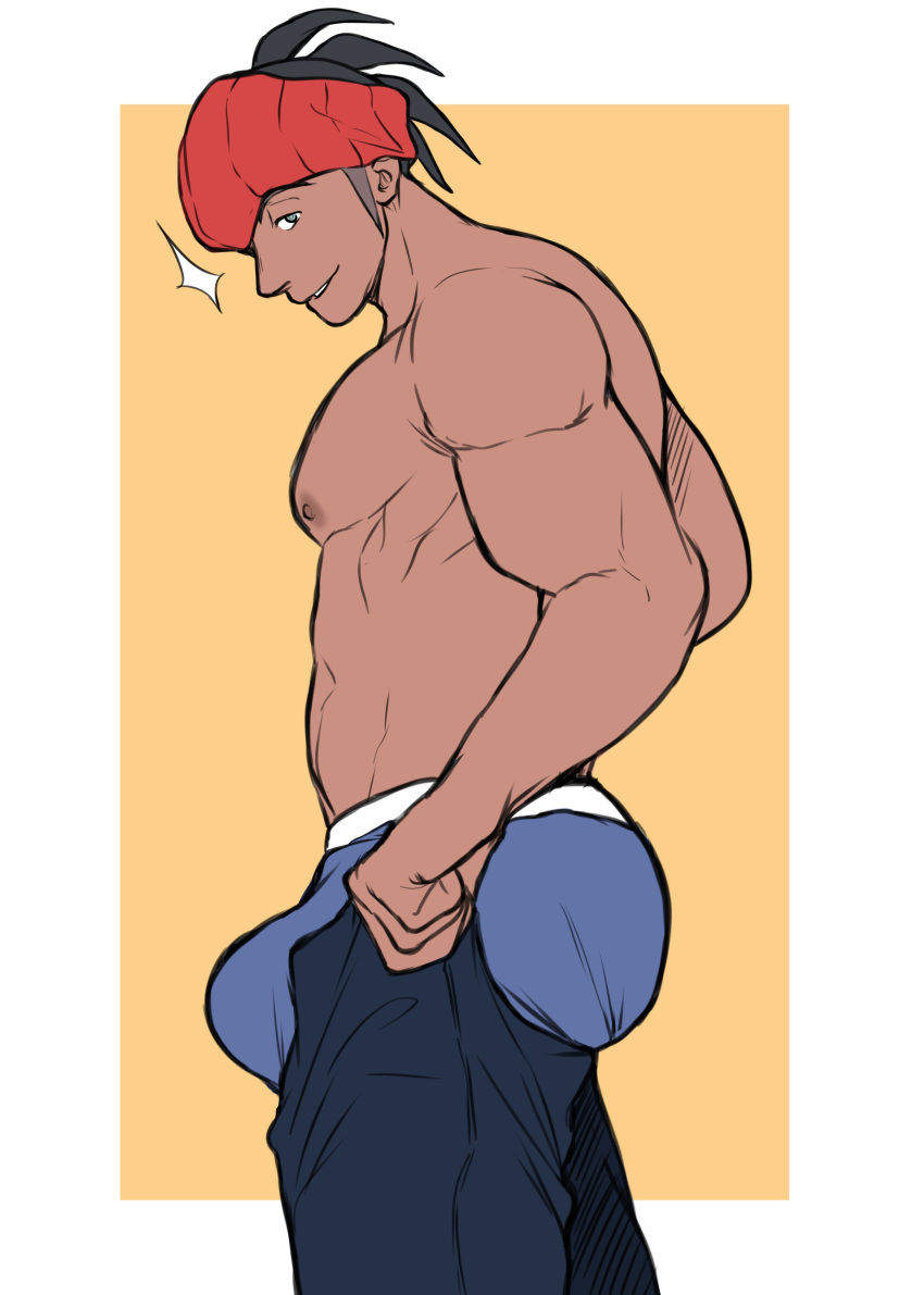 1boy abs absurdres alternate_muscle_size ass bara blue_male_underwear boxers bulge bulge_lift dark-skinned_male dark_skin dressing feet_out_of_frame from_side ginger_(hoybara) headband highres hood hoodie long_sideburns male_focus male_underwear meme muscular muscular_male never_seen_a_guy_recreate_this_(meme) nipples open_pants orange_headband orange_headwear pants pants_lift pectorals pokemon pokemon_(game) pokemon_swsh raihan_(pokemon) short_hair sideburns solo standing stomach topless_male undersized_clothes underwear