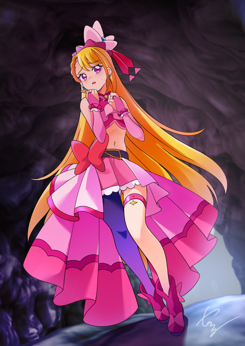 1girl absurdres artist_name asymmetrical_bangs belt black_belt blonde_hair boots bow_skirt braid braided_bangs bridal_gauntlets brooch butterfly_hat_ornament cave commentary_request commission cure_butterfly earrings elbow_gloves frown full_body gloves hat_ornament highres hijiri_ageha hirogaru_sky!_precure jewelry long_hair looking_at_viewer magical_girl microskirt midriff navel open_mouth pantyhose partial_commentary pink_footwear pink_gloves pink_headwear pink_shirt pink_skirt pleated_skirt precure purple_eyes purple_pantyhose scared shirt showgirl_skirt signature single_leg_pantyhose skeb_commission skirt sleeveless sleeveless_shirt solo standing sweatdrop swept_bangs thigh_strap tirofinire very_long_hair wing_brooch