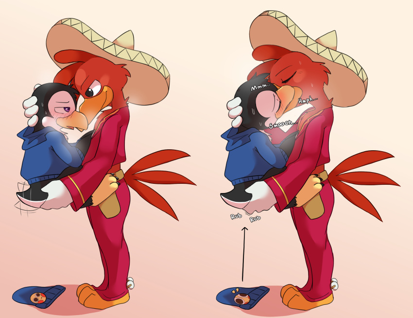 anthro avian beanie bird blush bodily_fluids bottomless butt butt_grab chicken clothed clothing digital_media_(artwork) disney duo emoji galliform gallus_(genus) hand_on_butt hat headgear headwear hi_res holding_partner hoodie kissing levi_(miau) looking_at_another male male/male miau panchito_pistoles penguin phasianid semi-anthro simple_background size_difference sombrero steam sweat tail tail_motion tailwag the_three_caballeros topwear