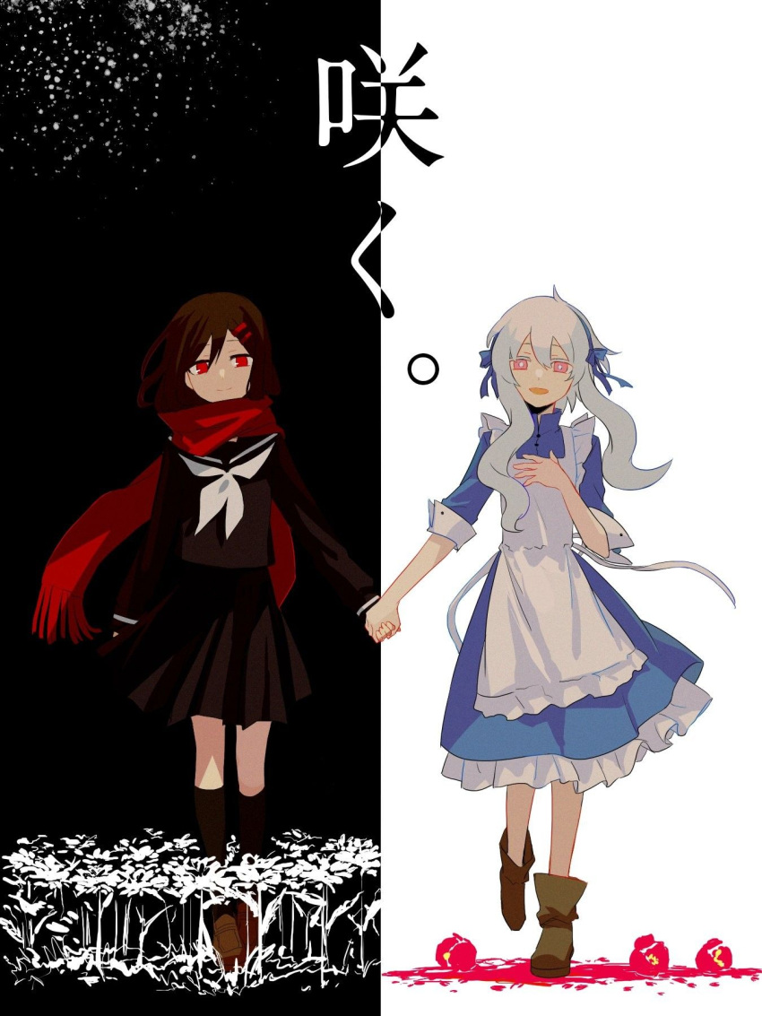 2girls aaniko alternate_color ambiguous_red_liquid apron bad_id bad_pixiv_id black_background black_sailor_collar black_serafuku black_skirt black_socks black_vs_white blue_bow blue_dress blue_hairband boots bow bow_hairband bright_pupils brown_footwear brown_hair buttoned_cuffs buttons closed_mouth collared_dress colored_eyelashes contrast double-parted_bangs dress enpera flower frilled_apron frilled_dress frills fringe_trim full_body hair_between_eyes hair_ornament hairband hairclip hand_on_own_chest highres holding_hands kagerou_project kneehighs kozakura_marry long_sleeves looking_at_viewer multiple_girls neckerchief open_mouth pink_eyes pleated_skirt red_eyes red_flower red_scarf sailor_collar scarf school_uniform serafuku simple_background single_stripe skirt sleeves_past_elbows smile socks split_screen striped tateyama_ayano translated two-tone_background walking wavy_hair white_apron white_background white_flower white_hair white_neckerchief white_pupils white_stripes winter_uniform